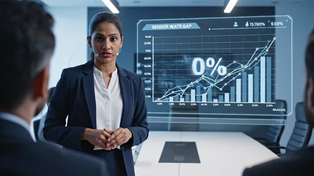 Businesswoman presenting financial growth data on a futuristic holographic display