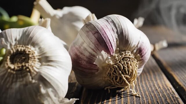 Close-up of fresh garlic bulbs with purple streaks on a rustic wooden surface