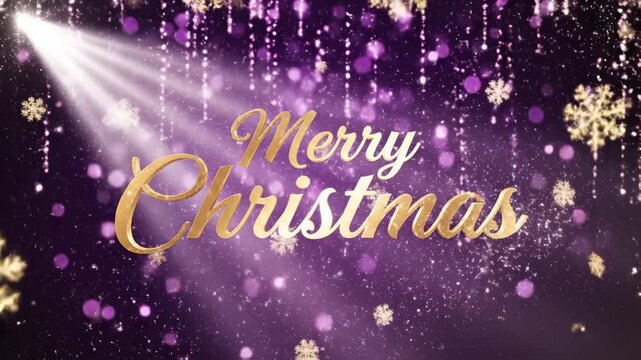 Elegant Golden Merry Christmas Text with Falling Snowflakes and Spotlight Effect