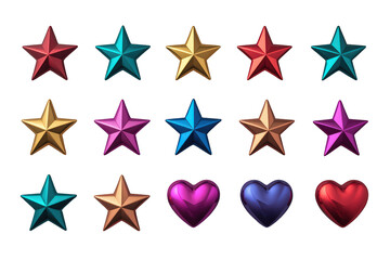 Obraz premium Colorful 3d metallic stars and hearts set creating glossy achievement symbols with transparent background