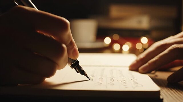 Close-up of hand writing in a journal with a fountain pen and bokeh lights