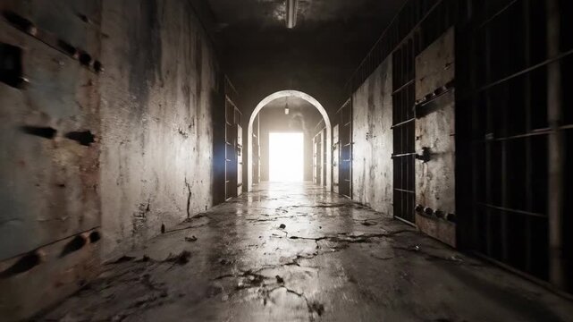 Dark prison corridor with cells and light at the end of the tunnel