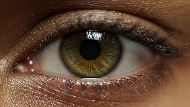 Extreme close-up of a human eye with green and brown iris and detailed skin texture