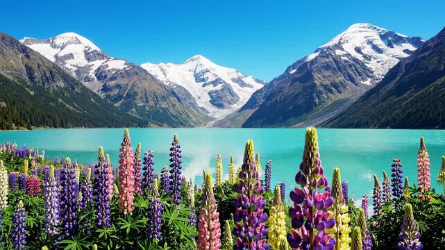Vibrant lupine flowers bloom beside a turquoise lake with snow-capped mountains