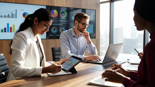 Diverse business team collaborates in modern office with data analytics on screen