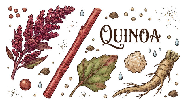 Vintage Botanical Quinoa Plant Illustration Set with Seeds, Root, Leaf, and Flower in Hand-Drawn Engraving Style