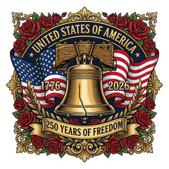 Liberty Bell 250 Years of Freedom USA Ornate Patriotic Badge with Roses 1776–2026 © TAPU SHAHA