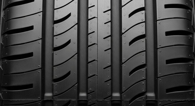 Symmetric tread pattern of a modern passenger car tire designed for wet and dry performance.