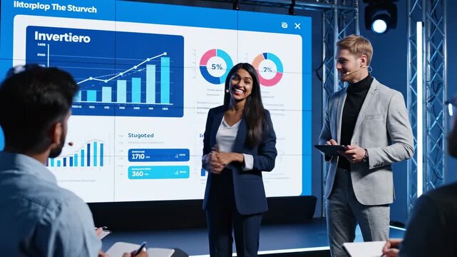 Business professionals presenting financial data on a large interactive screen