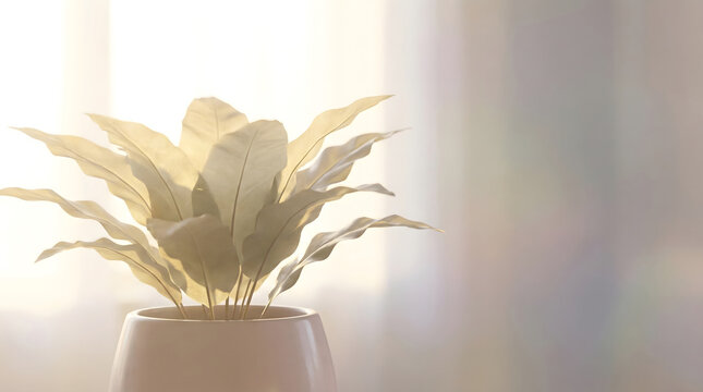 Potted green plant in white ceramic pot by window with backlighting and soft bokeh background