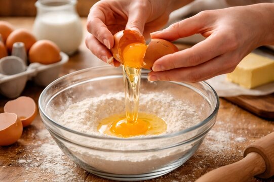 Person's hands carefully cracking a brown egg, allowing the yolk and white to fall into a clear glass bowl filled with white flour, preparing for baking