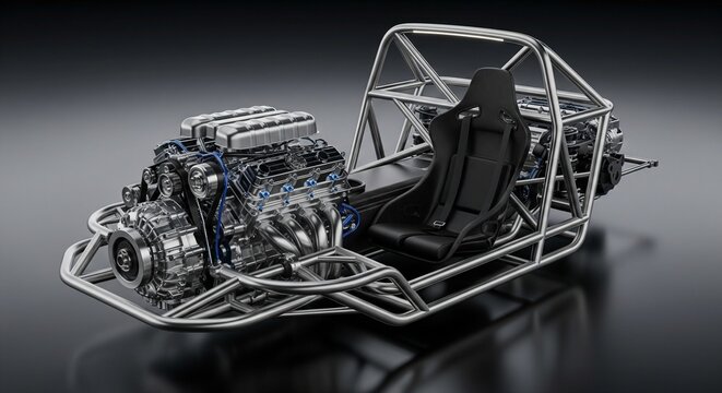A professional 3D render of a tubular space-frame race car chassis with a mid-mounted engine and a single racing bucket seat.