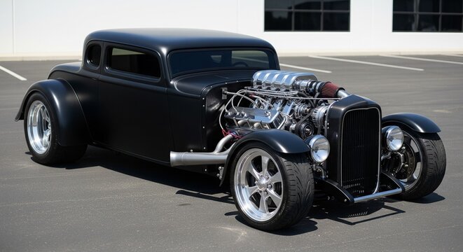 A custom-built matte black classic coupe hot rod with an exposed high-performance V8 engine and chrome wheels in an open lot.