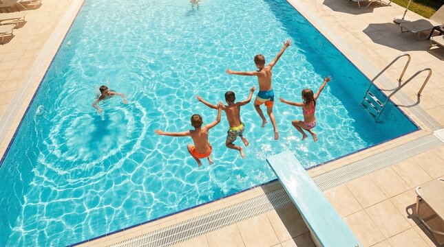 Group of happy children jumping into outdoor swimming pool from diving board on sunny summer day, fun vacation and leisure activity.
