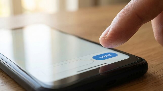 Finger pressing send button on smartphone messaging app on wooden table, mobile communication concept, instant messaging, social media, digital connection.