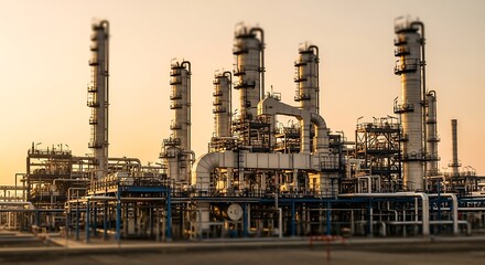 Obraz premium Industrial Complex at Sunset - A Detailed View of a Refinerys Infrastructure.