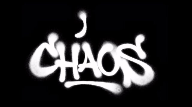 Graffiti tag animation 4K writing CHAOS in white on black background. Bold urban street art style with dynamic hand style and spray paint motion effect.
