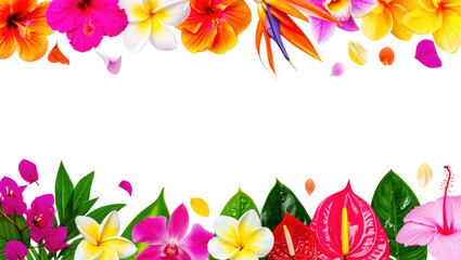 Fototapeta premium Colorful tropical flower border with leaves and petals isolated on white transparent background