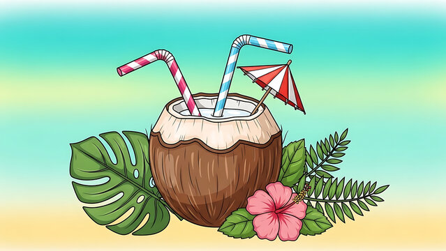 Vibrant illustration of a tropical coconut drink with two colorful straws and a mini umbrella, surrounded by lush green leaves and a hibiscus flower, on a beach background, signifying vacation and rel