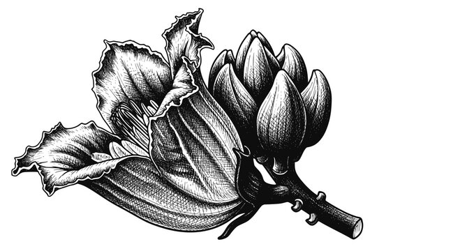 African Tulip Tree Flower (Spathodea campanulata) sketch, exotic tropical bloom. Design for botanical illustration, floral wallpaper, or luxury spa branding. JPEG version.