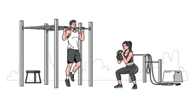 Man doing pull-ups, woman doing kettlebell squats at outdoor gym