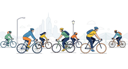 Fototapeta premium Diverse group of people cycling together in a city, urban commute and lifestyle