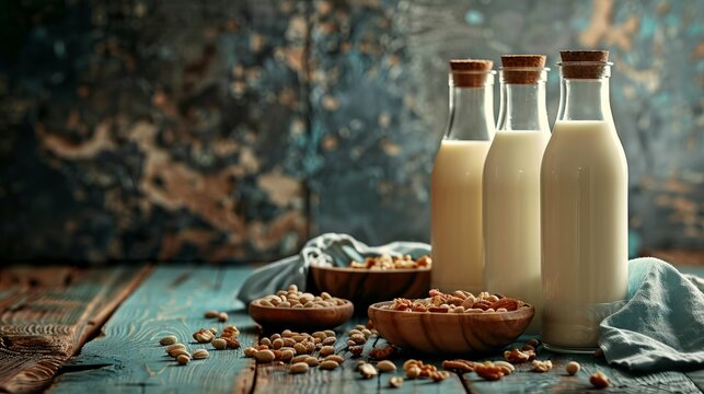 Three varieties of milk arranged on a wooden table alongside bowls of grains and nuts