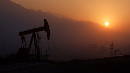 Naklejka premium Silhouette of Crude Oil Pump Jack at Golden Sunset with Majestic Mountain Backdrop and Atmospheric Haze, Emphasizing Energy Production Landscape
