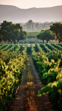 Scenic Vineyard Landscape With Lush Green Vines and Rolling Hills Under Clear Sky at Sunrise