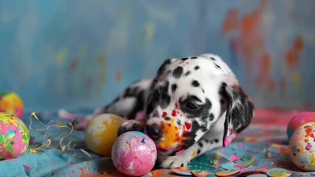 Cute dalmatian puppy covered in colorful paint playing with decorated easter eggs on a messy artistic background 4k video