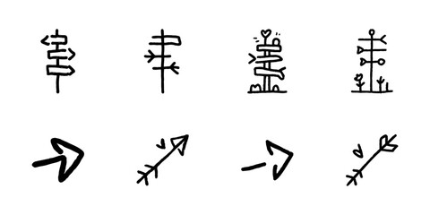 Fototapeta premium Directional Arrows And Signposts In Hand Drawn Style Set. Navigation, Guidance, And Decision-Making Doodle Sketch Collection. Pathfinding Symbols. Isolated Vector Illustration
