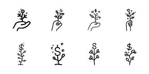 Fototapeta premium Hand Holding Money Tree Icons In Hand Drawn Style Set. Financial Growth, Investment, Wealth Management Doodle Sketch Collection. Economic Prosperity Symbols. Isolated Vector Illustration