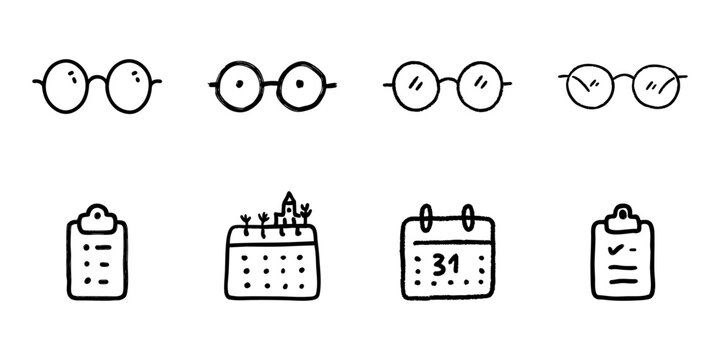 Round Glasses And Office Supplies In Hand Drawn Style Set. Vision, Planning, And Organization Doodle Sketch Collection. Eyewear And Stationery Icons. Isolated Vector Illustration