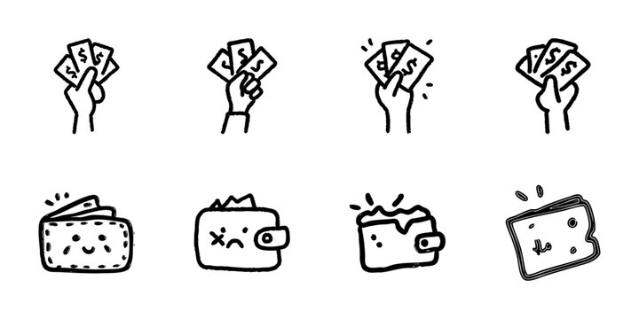Hand Holding Money And Wallet Icons In Hand Drawn Style Set. Financial Transactions, Budgeting, Spending, And Saving Doodle Sketch Collection. Personal Finance Management. Isolated Vector Illustration