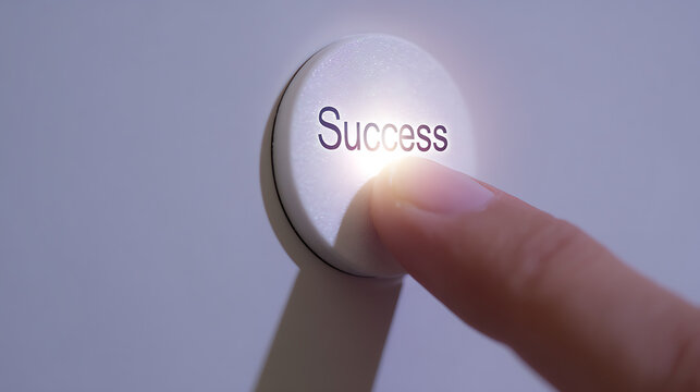 Close-up of a human finger press a white circular button with the word Success illuminate, symbolic of achievement and making progress
