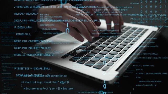 Close-up of hands on a laptop keyboard with abstract code overlay, symbolizing programming and digital communication in a modern workspace setting. Xenic