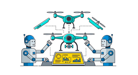 Naklejka premium Multiple drones flying together controlled by a central robot system.