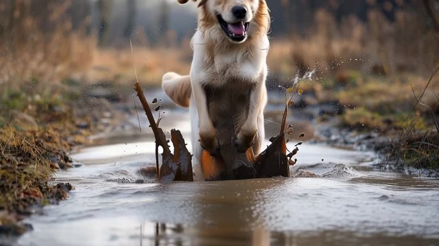 Happy golden retriever dog jumping and splashing in a muddy puddle in the park during a sunny autumn day 4k video