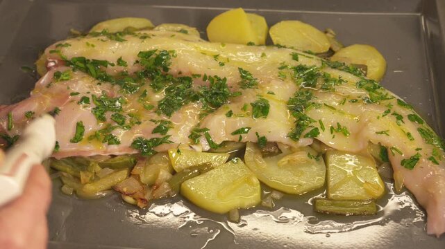 Chef brushing oil on a raw monkfish fillet