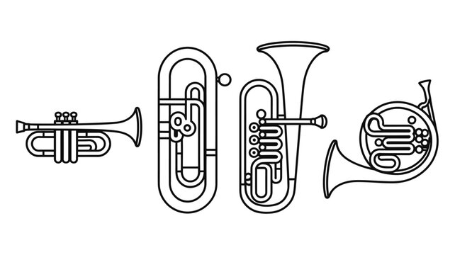 Four different types of brass musical instruments  trumpet tuba French horn euphonium