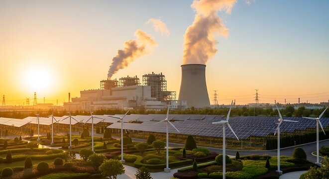 Industrial Power Plant with Wind Turbines and Solar Panels at Sunset.