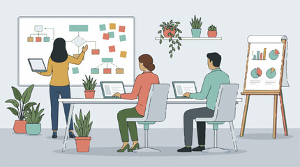 Fototapeta premium Business team collaborating on strategy with whiteboard presentation in office