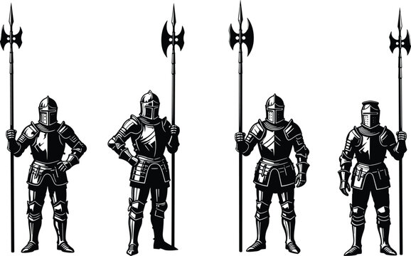 Medieval knight silhouettes, armored warrior characters, royal palace guard, ancient soldier collection, historical fighter weapon design, halberd spear icons