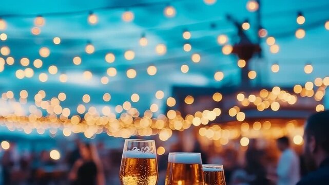 Evening gathering with frothy beer glasses against backdrop of luminous, blurred festoon lights and silhouettes of people enjoying social event.