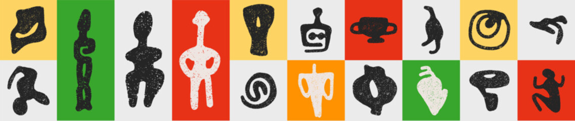 Fototapeta premium Tribal ethnic masks and ancient statues in doodle sketch charcoal style. Primitive african and oceanian art elements for museum posters and historical education. Vector hand drawn folk set.