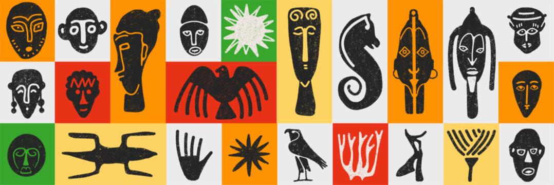 Ethnic faces and indigenous mask characters in doodle sketch charcoal style. Traditional folklore elements for cultural identity prints and decorative pattern design. Vector folk art set.
