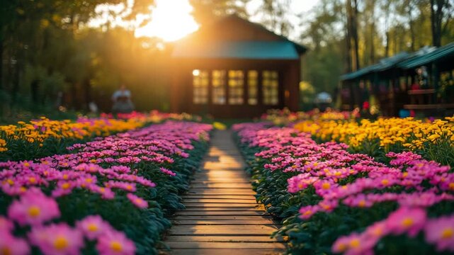 Serene wooden boardwalk path through vibrant blooming garden of pink and yellow daisy at golden hour with warm sunset glowing behind cozy rustic forest cabin