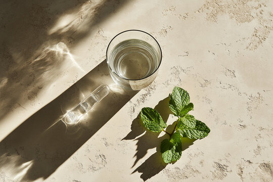A minimalist top-down view of a sleek glass of water, a single transparent vitamin capsule, and a sprig of fresh mint on a beige travertine stone surface, harsh sunlight creating sharp artistic shadow