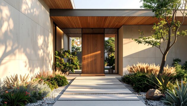 Modern house entrance with clean architectural lines and landscaped garden, creating a stylish and inviting exterior. Ideal for real estate marketing, architecture portfolios, and home design visuals