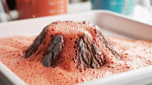 Volcano eruption experiment with orange lava flowing down the sides